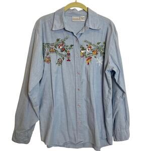 Passports Womens Christmas Embroidered Button Front Blouse Large Blue Cotton